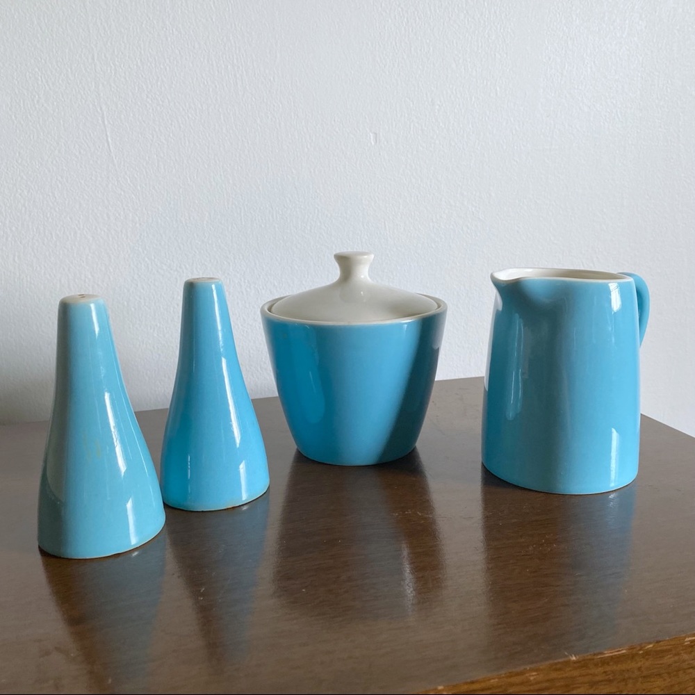Mid Century Salt Pepper Sugar Cream Blue Set